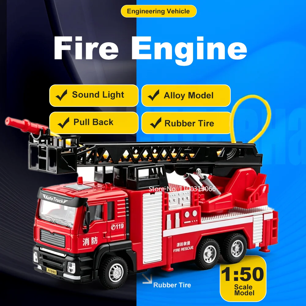 

1:50 Fire Engine Alloy Model Toy Diecast Miniature Cars Sound and Light Pull Back Rubber Tire Vehices Room Decorations for Child