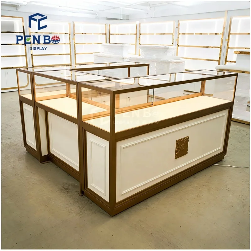 custom.Custom Rectangle Glass and Solid Wood Jewelry Display showcase Gold Metal Mall Shops and Jewellery Store Counters