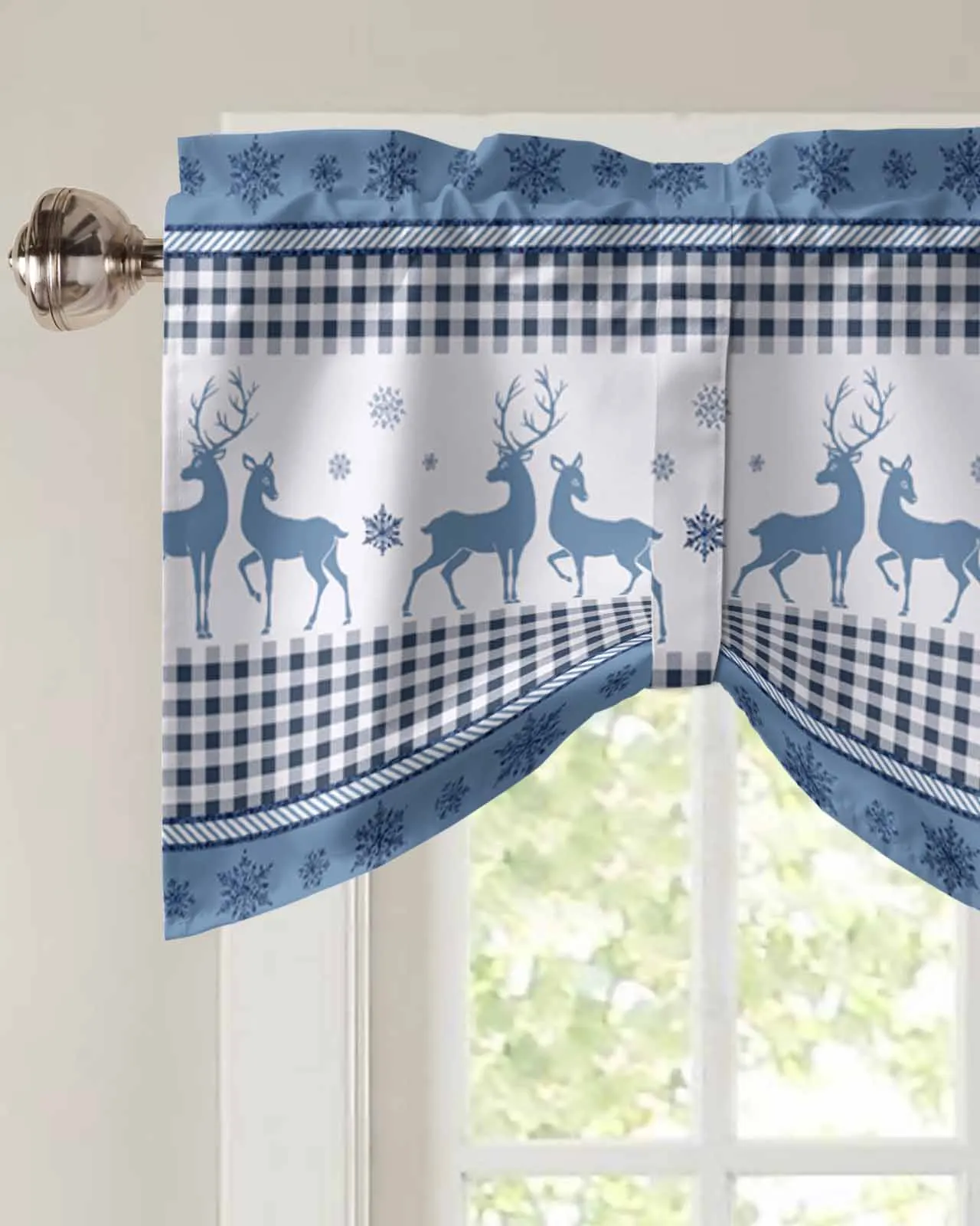 Christmas Deer Snowflake Bule Plaid Short Window Curtain Kitchen Cafe Cabinet Tie up Valance Bedroom Small Drapes Home Decor