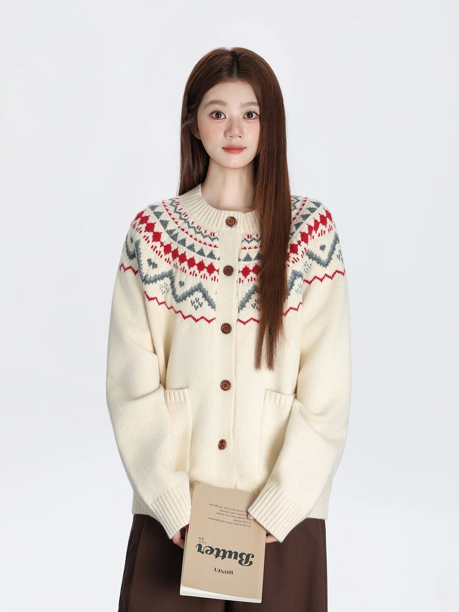 

Retro Fair Isle Knit round Ne Open Cardigan Women's Soft Loose Knitted Outerwear Spring 2026 Commute Sle Long Sve