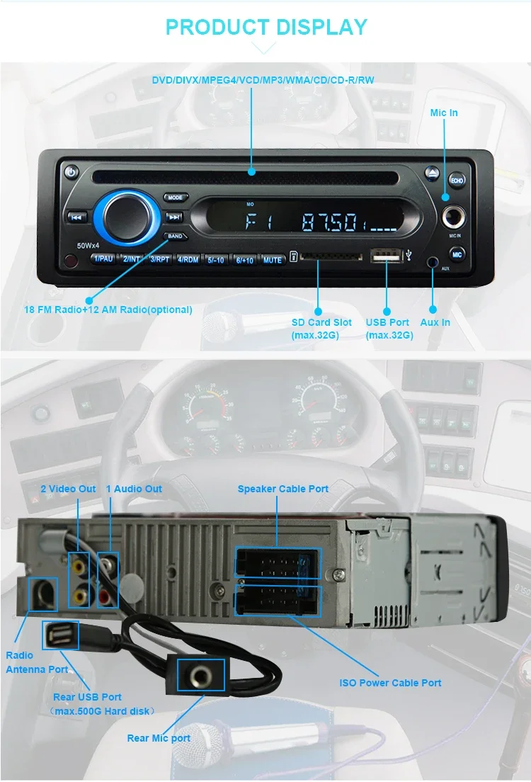 24 V One Din Truck Coach Autoradio De Carros with USB SD FM Bus 4 Channel Amplifier Car Radio