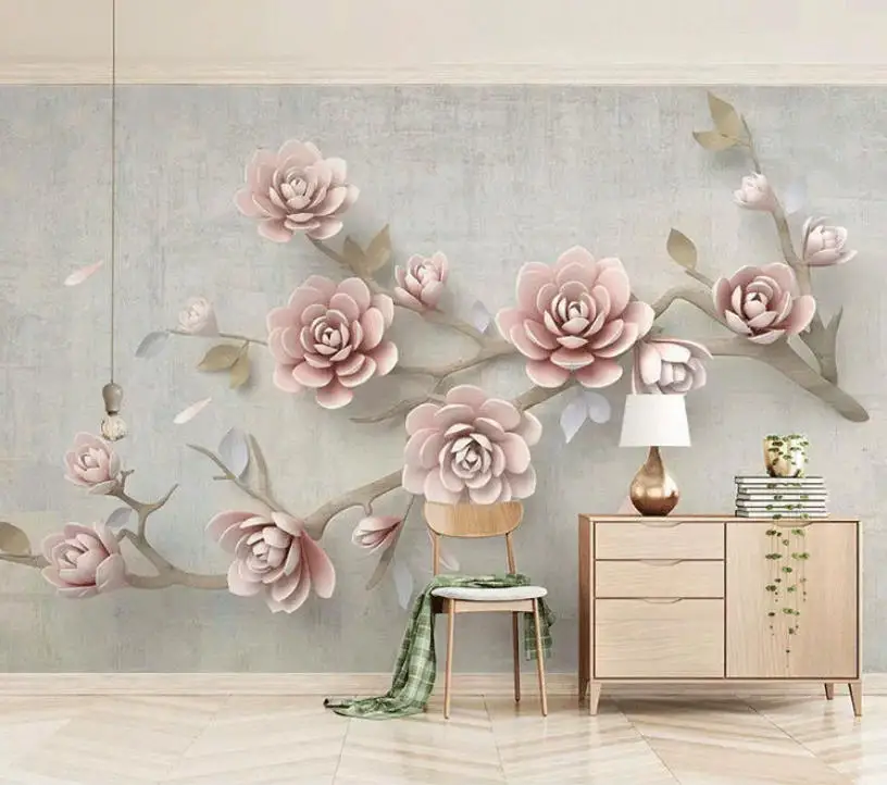 

Custom wallpaper hand-painted pink plant leaf flower mural home decoration leaf rainforest plant mural children's room wallpaper