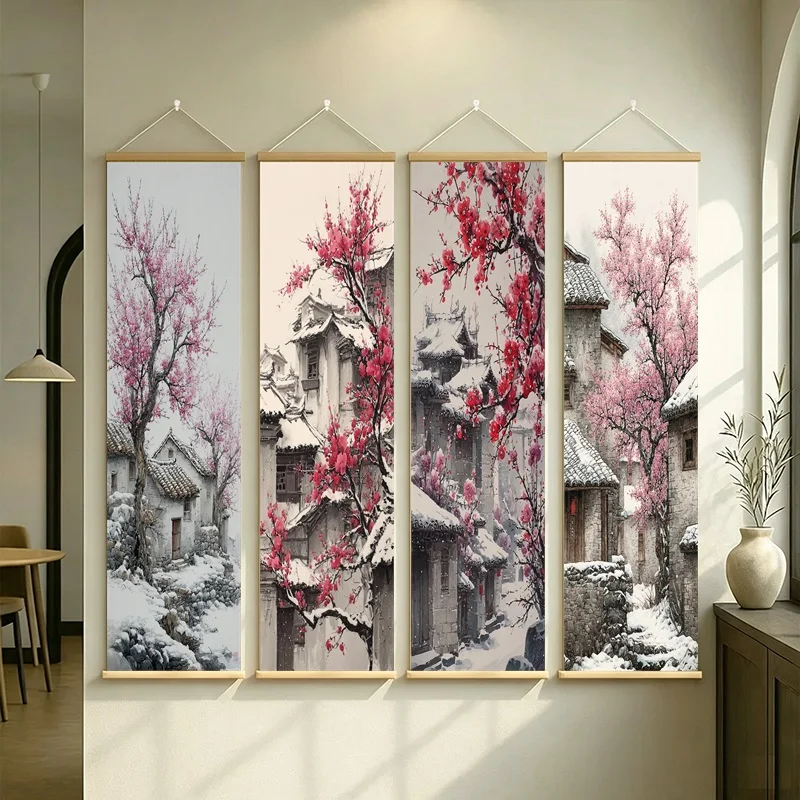 Snowy Village Pink Blossom Wall Scroll on Pearlescent Canvas Rustic Countryside Art for Boutique Guesthouse home decor
