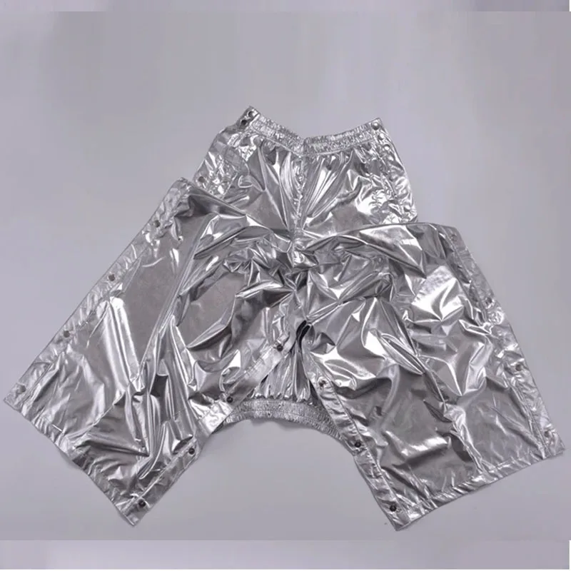 Men Shiny Silver Metallic Jogger Pants Jazz Hip Hop Dance Trousers 8Xl Plus Size Alongside Button Stage Show Costumes