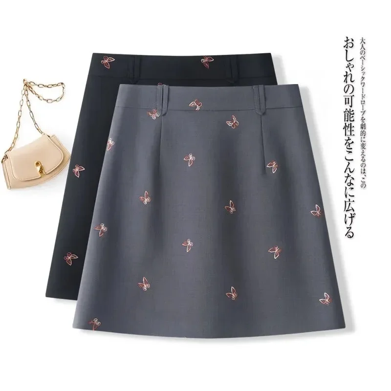 New Fashion Butterfly Embroidery Mini Skirt Women Slim High Waist Elegant Office Lady A-line Short Skirts Summer Autumn Jupe