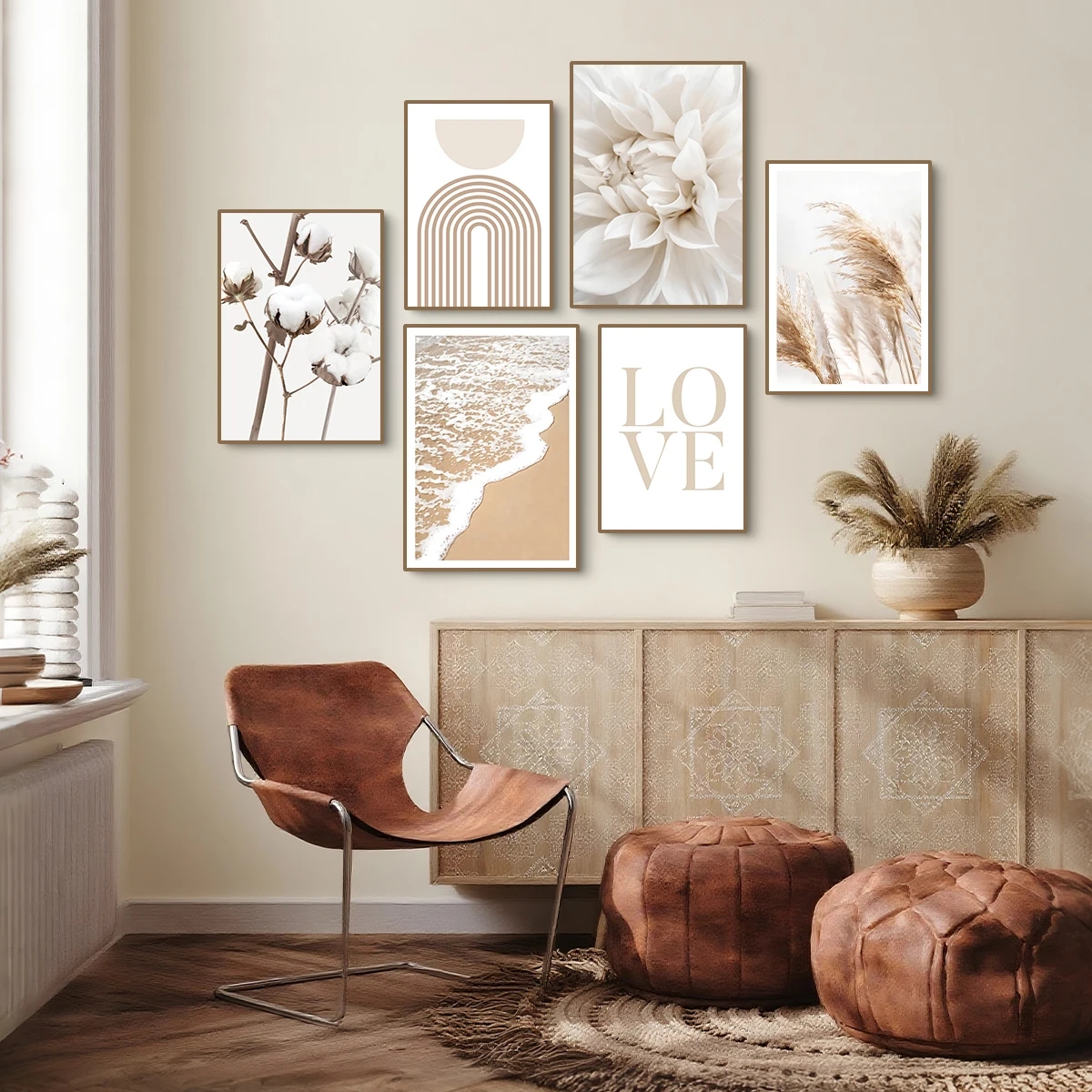 Beige Pastel Quality Wall Art - Beach Print, Pampas Grass, Ocean, Abstract Art - Living Room, Bedroom Wall Decor, Nordic