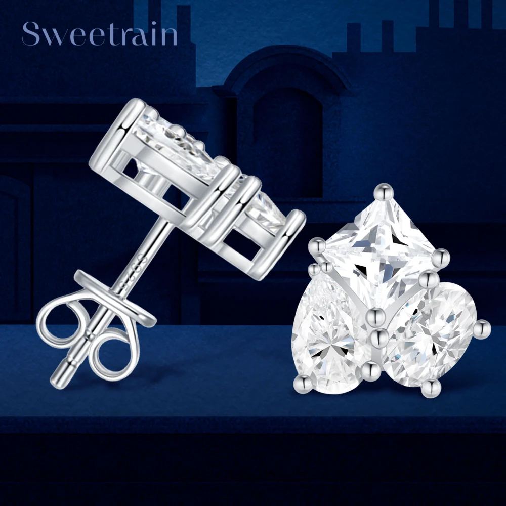 3CT Moissanite Stud Earrings for Women 3 Stone Pear/Oval & Princess Cut Diamond Ear Studs 925 Sterling Silver Fine Jewelry