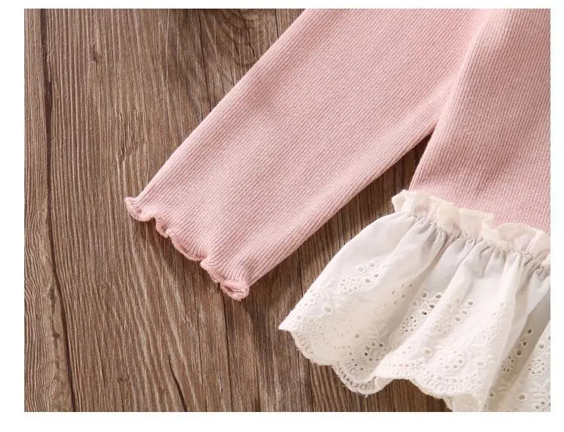 Herbst Neuheiten Mädchen T-Shirts mit Knöpfen Spitzen-Patchwork Langarm-Blusen Bequeme Oberteile für Kinder Mädchenkleidung – Detail 21