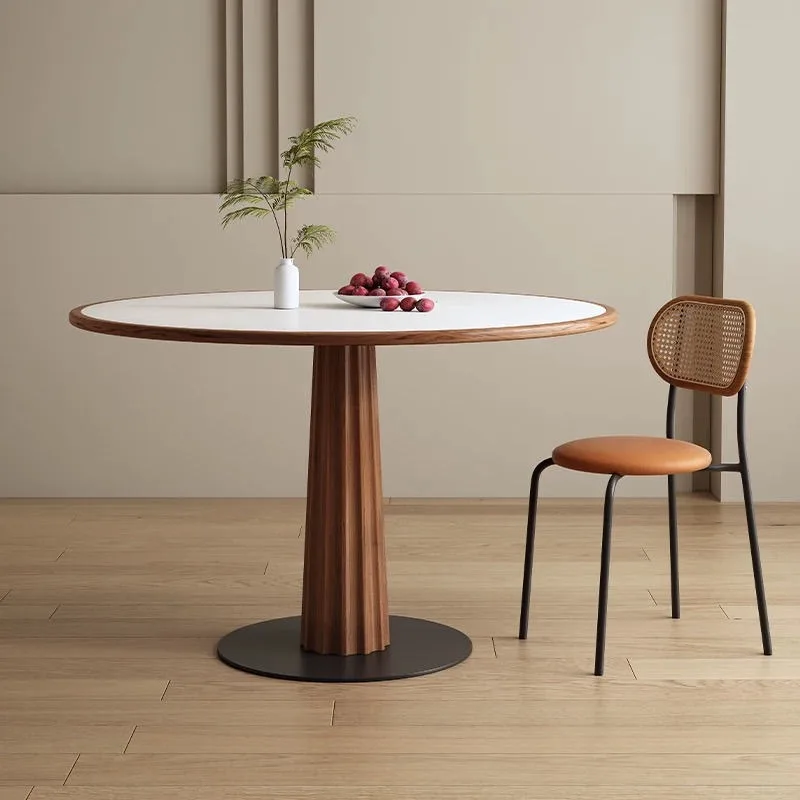Solid wood round dining table household small apartment round simple pure white rock board dining table and chairs