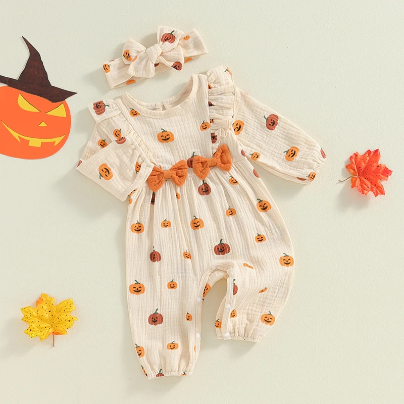 Suefunskry Baby Girl 2Pcs Fall Outfits Ruffle Long Sleeve Pumpkin Print Jumpsuit with Headband Set Newborn Clothes