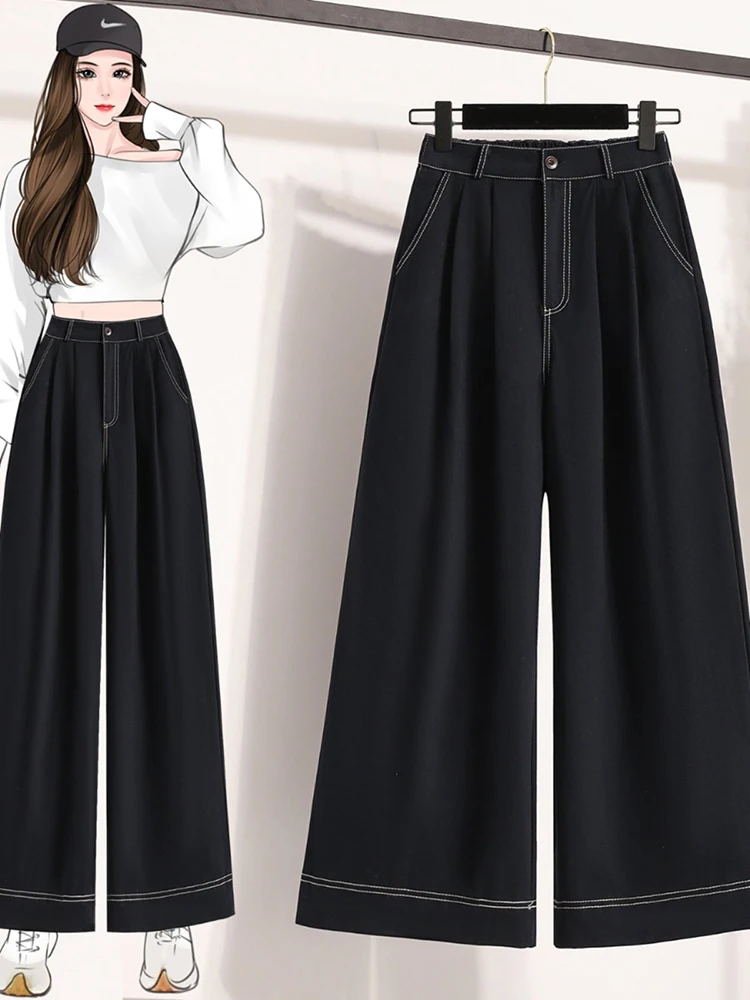 Korean Version Women‘s High Waisted Wide Leg Jeans Spring New Fashion Casual Versatile Stretch Straight Leg Denim Pants