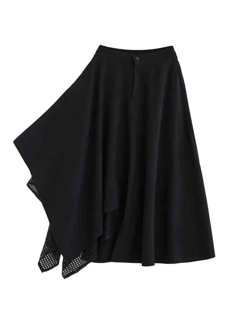 กระโปรงทรงเอไลน์ยาวสำหรับฤดูใบไม้ร่วง ไซส์ใหญ่ ผู้หญิง กระโปรงจีบระบายแบบไม่สมมาตร แฟชั่นลายต่อผ้า กระโปรงผู้หญิงเอวสูงแบบยางยืด