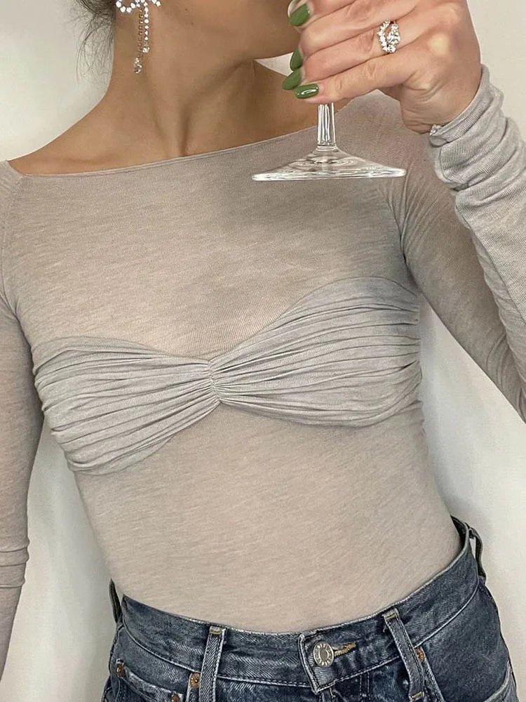 Sexy Long Sleeve Shoulder Gauze T-shirts Women Slim Solid Versatile T-Shirt 2024 Spring Female Fashion Off Shouler Tops