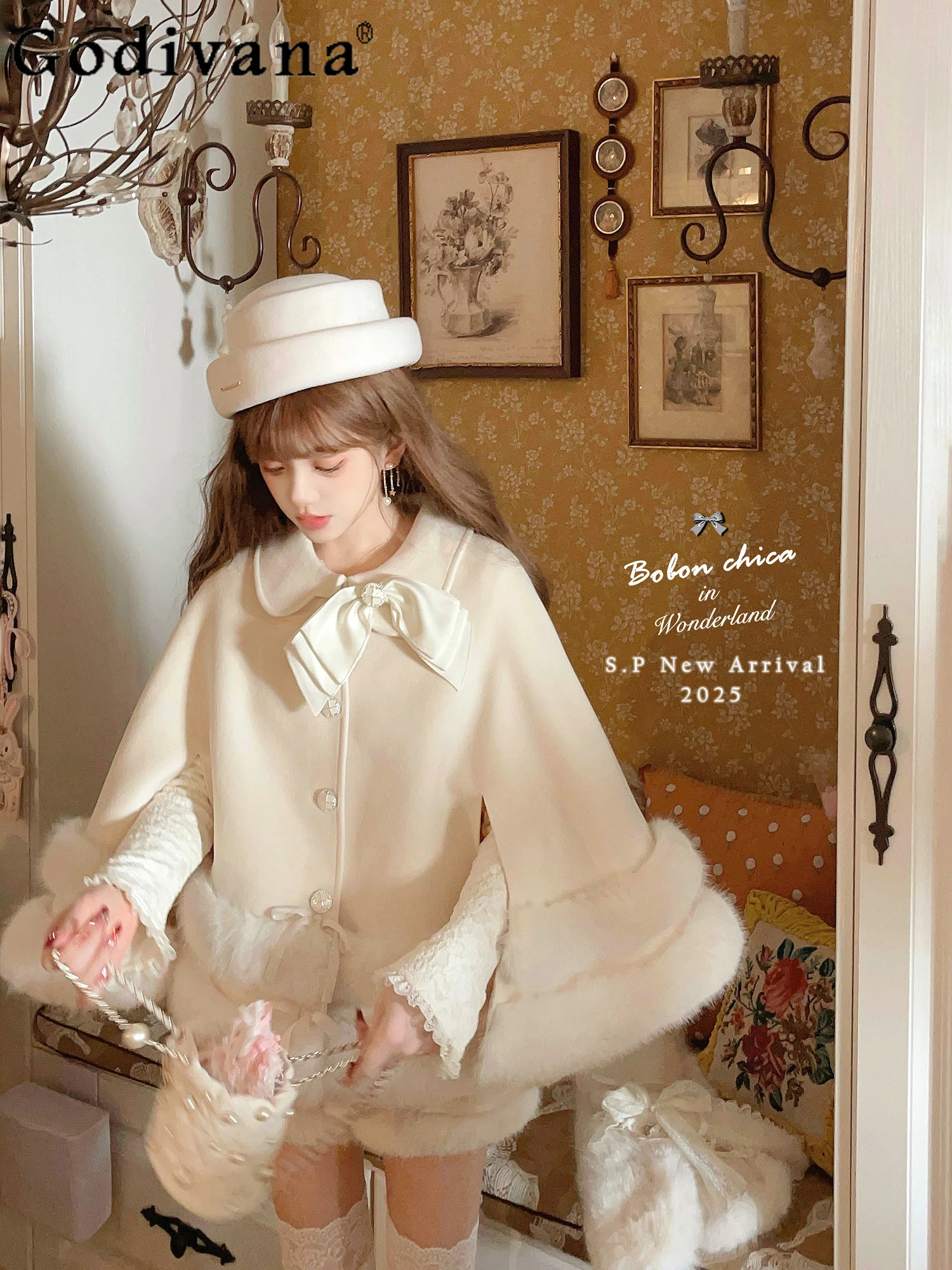 

Sweetheart Girl Japanese Original Lolita Double-Sided Wool Cloak Cute Doll Feel Fluffy Bow Fashion Autumn Winter Versatile Coat