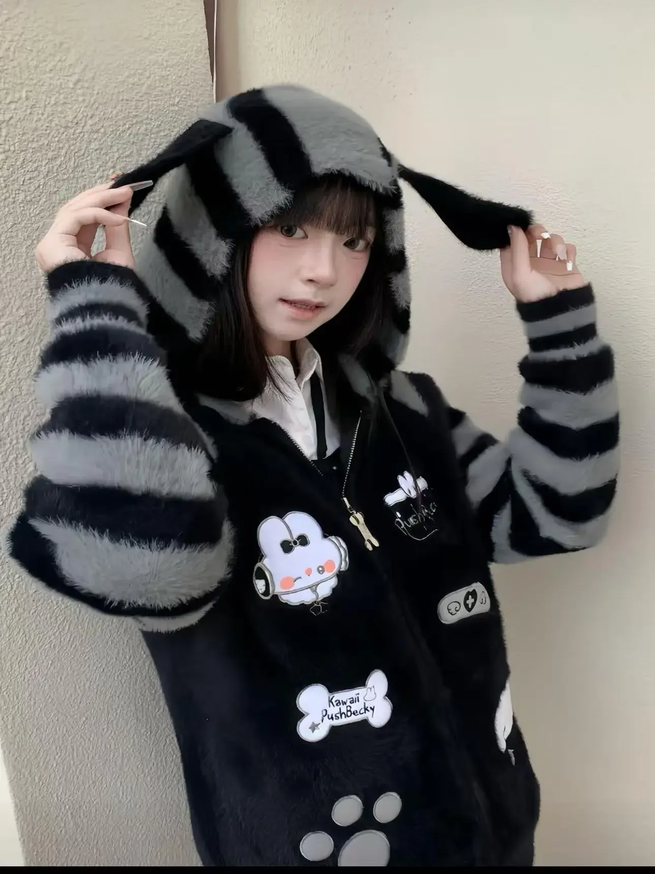 Mink Rabbit Ear Hoodies Women Cartoon Print Stripe Long Sleeve Zipper Thicked Warm Cardigan Y2k Loose Coats Japanese Style