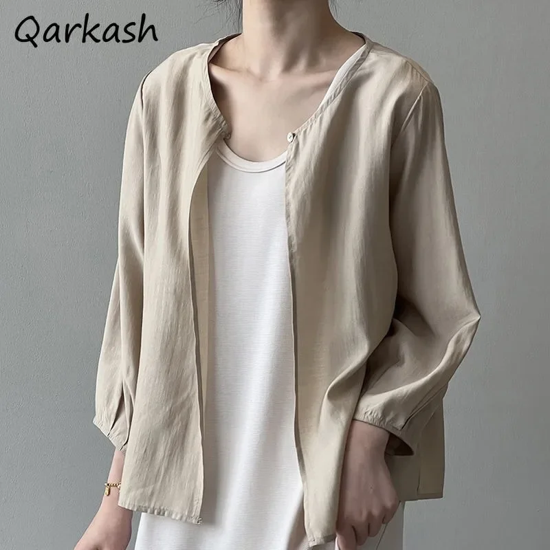 

Новые рубашки женские однотонные свободные простые с одной пуговицей и круглым вырезом защита от солнца летние универсальные офисные женские рубашки для отдыха уютный корейский стиль
