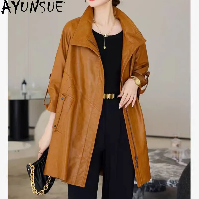 AYUNSUE Women's Real Leather Jacket Fashionable Sheepskin A-Line Jackets for Woman Mid-length Loose Tops Woman Clothes Jaqueta