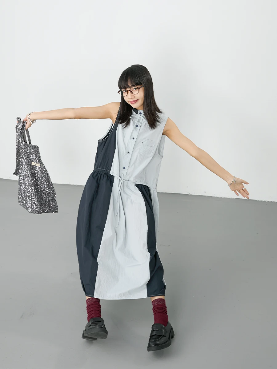 

Inkday Japanese Sle Lightweight Retro Color Blo Functional Vest Skirt Women's Stand Collar f Open Front Dstring Wai...