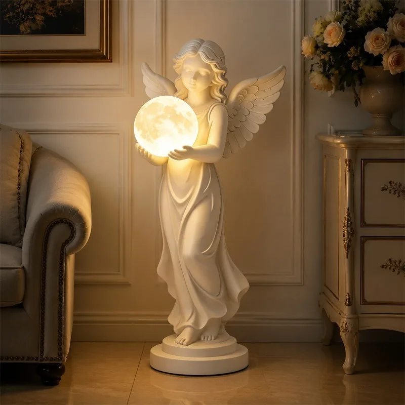 Resin Statues Floor Standing Angel Sculptures With Warm Colored Night Lights Classical Lamped Home Sculptures Luxury Home Decor