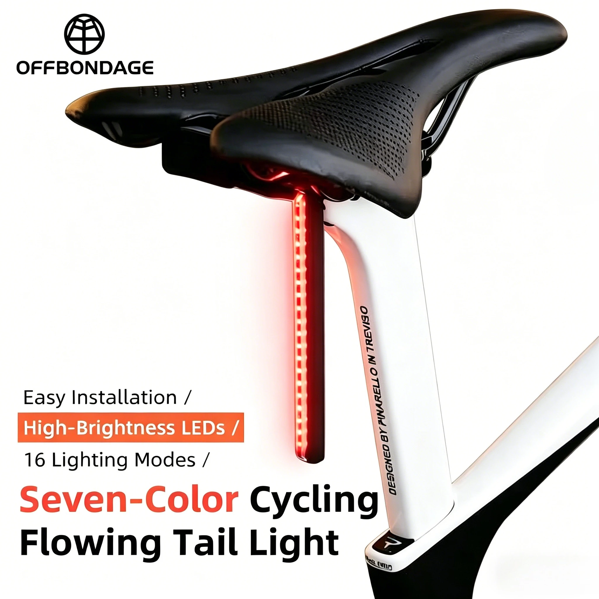 OFFBONDAGE RGB Flowing Bike Taillight Rechargeable 1200mAh Waterproof Bicycle Rear Light Seat Rail Night Riding  Safety Warning