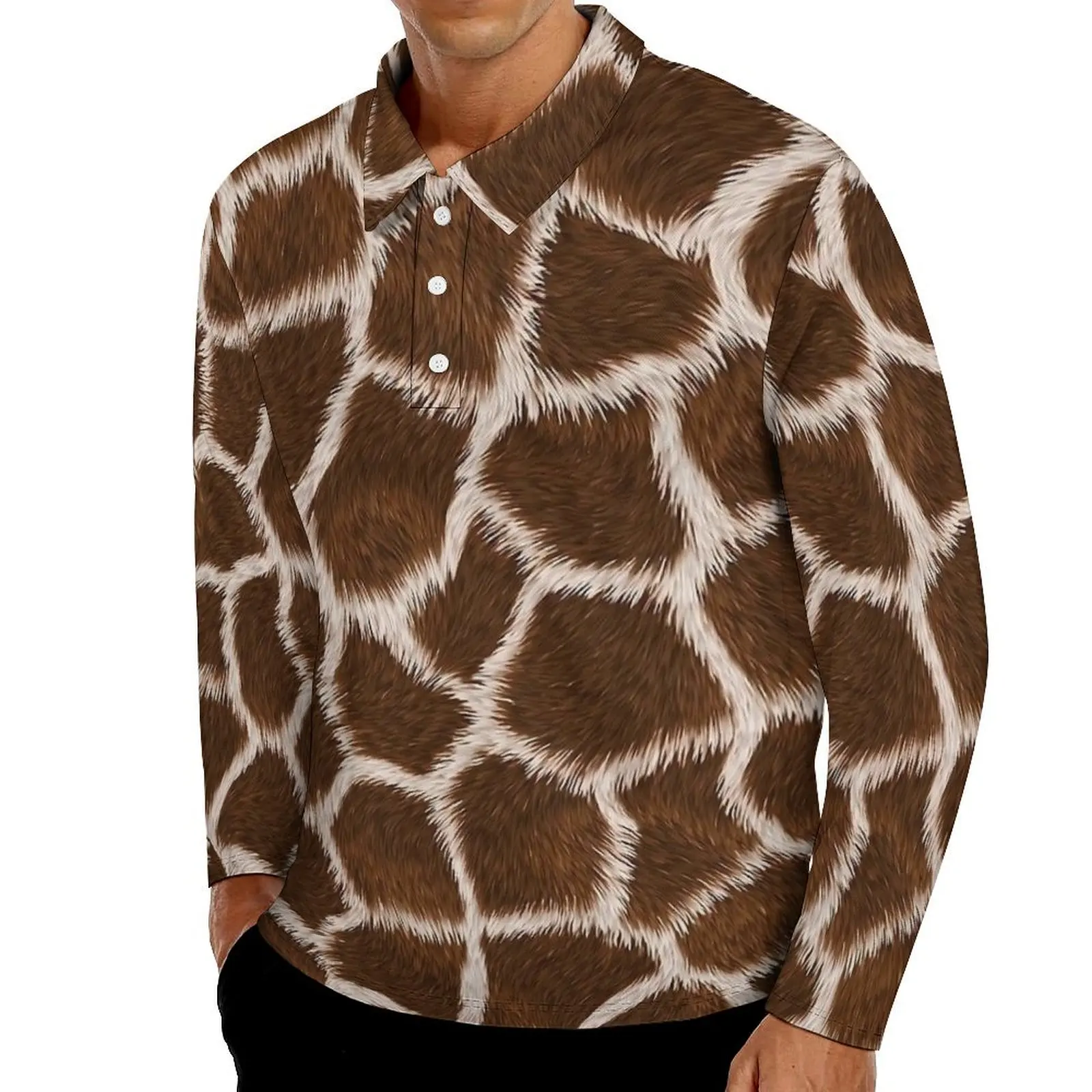 Russet Giraffe Print Casual Polo Shirt Animal Skin T-Shirts Long Sleeve Custom Shirt Spring Fashion Oversized Tops Gift Idea