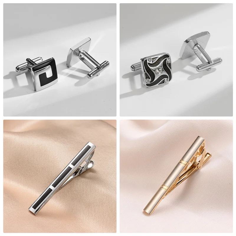 4 Sets Tie Clips & Cufflinks For Men Man Shirt Cufflink Wedding Guests Gift With Box Pisa Ties Pin Luxury Men's Gift For Husband