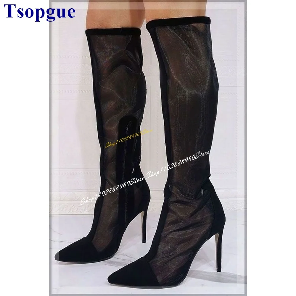 Sexy Knee High Black Air Mesh Splicing Boots Thin High Heel Women Shoes Side Zipper Pointed Toe 2024 Fashion Zapatos Para Mujere