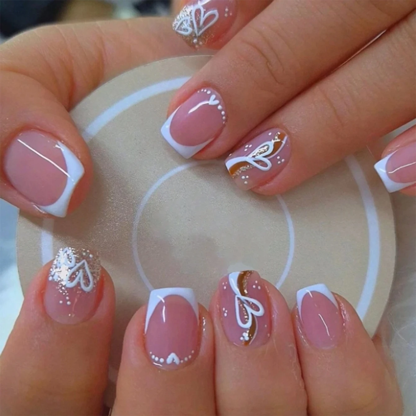 24PCS nude pink short square fake nails, Gold lines, love design, full cover fake nail set, 1 nail file and 1 nail glue sticker