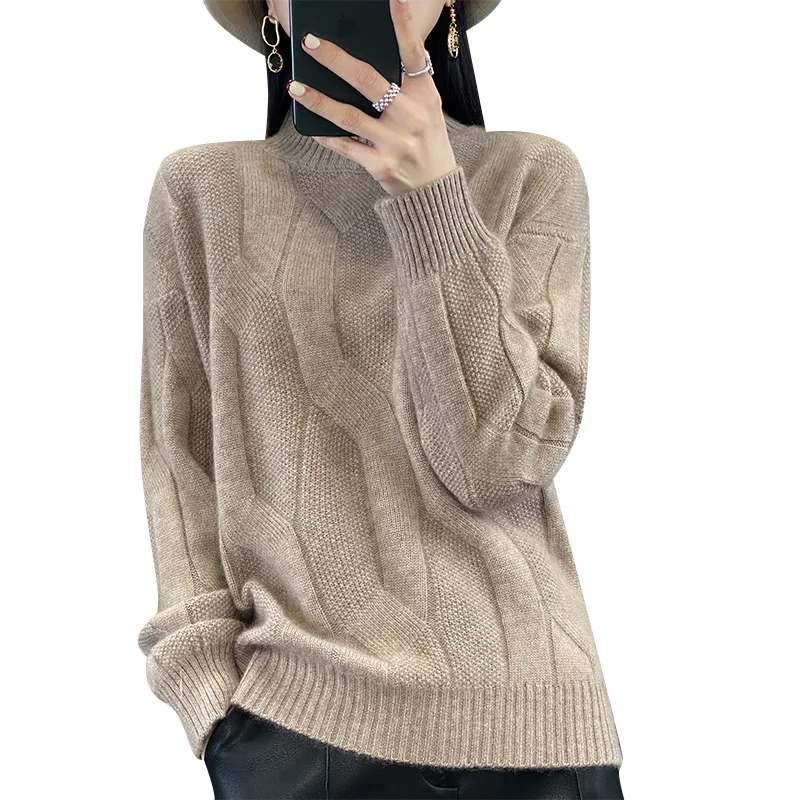 100% pure wool half high neck cashmere sweater women\'s loose heavy fried dough twist autumn and winter pullover sweater bottomin