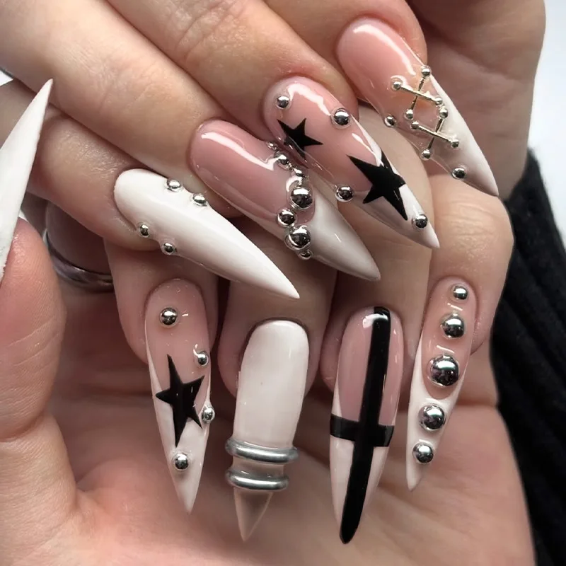 

24pcs Star Long Stiletto False Nails Tips Finished French Almond Press on Fake Nails Sets with Pearls Design Stick on Nail Art
