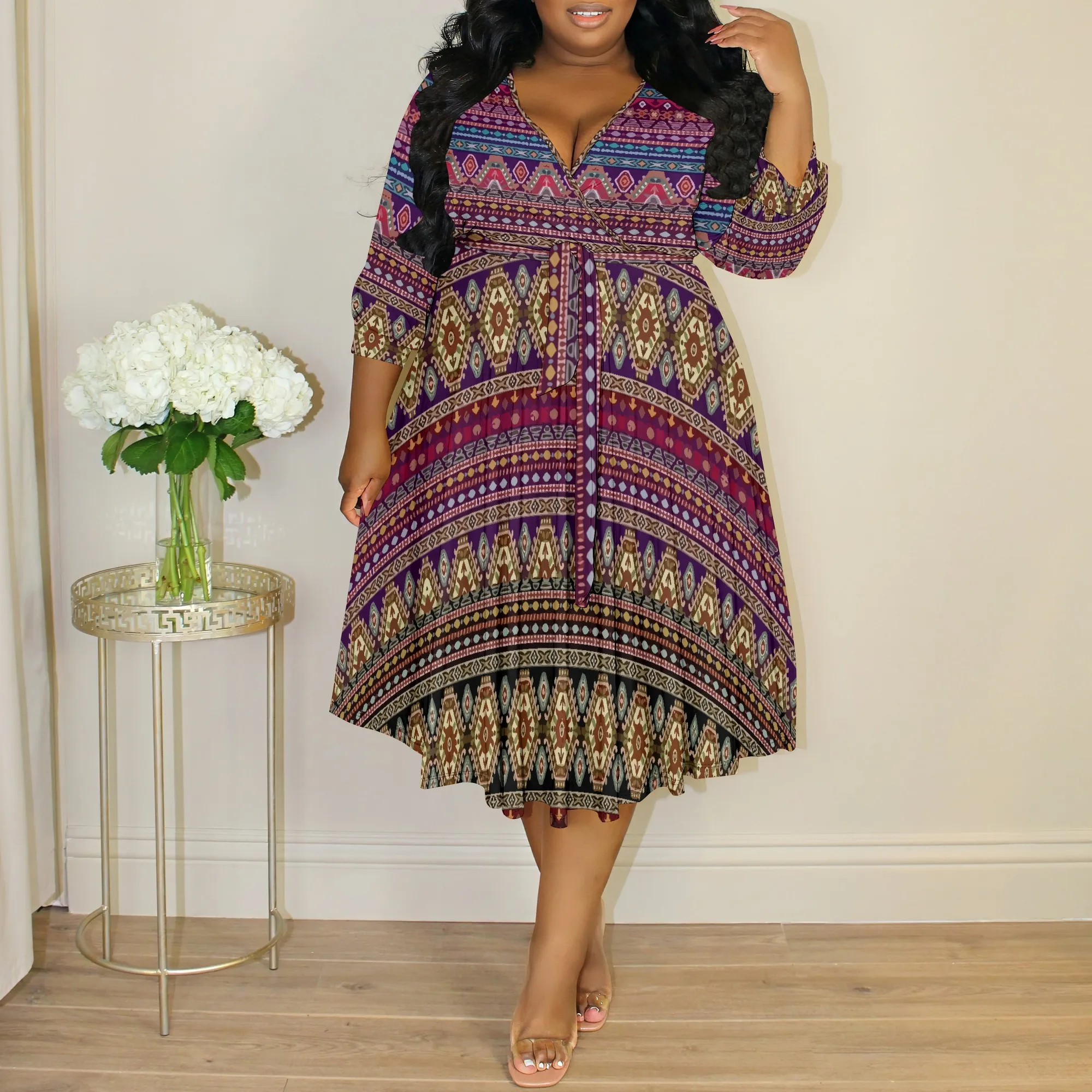 

Women's Plum Purple Floral A-Line Plus Size Belted Dress Polyester Fall Elegant