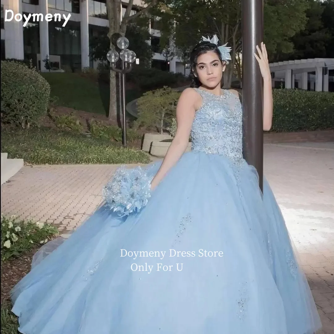 Doymeny Apliques frisada Quinceanera Vestidos, até o chão princesa vestido de baile, sem mangas Prom Vestidos