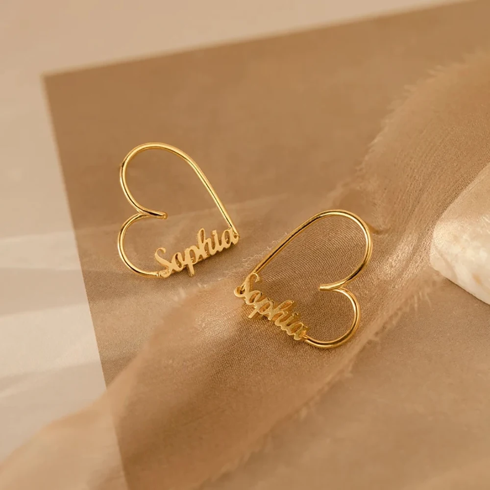 

GoldButterfly Custom Name Heart Earrings Minimalist Statement Stud Earrings Handmade Personalized Gold Hoops Mother's Day Gift