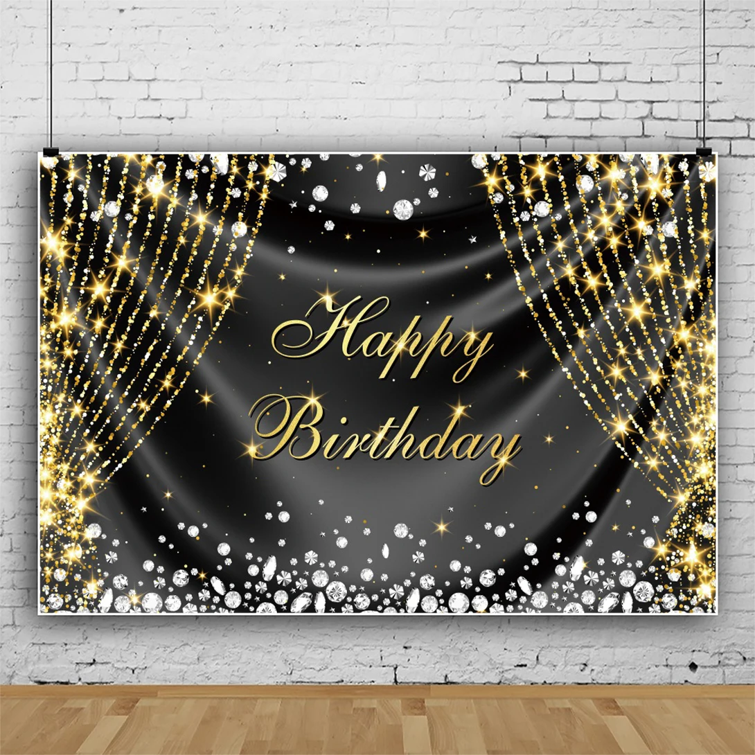 ゴールドブラック風船の写真の背景、幸せな誕生日のポスター、装飾バナー、写真の背景、スタジオアクセサリー、大人の誕生日パーティー
