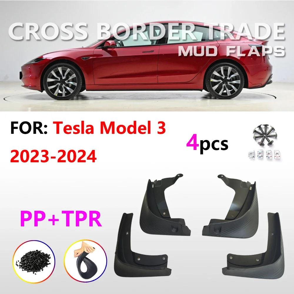 For Tesla Model 3 2023-2024 Highland 4Pcs Mud Guard Flaps Cabon Fiber Style Fender Protector Anti-Sand Splash Fender Accessories