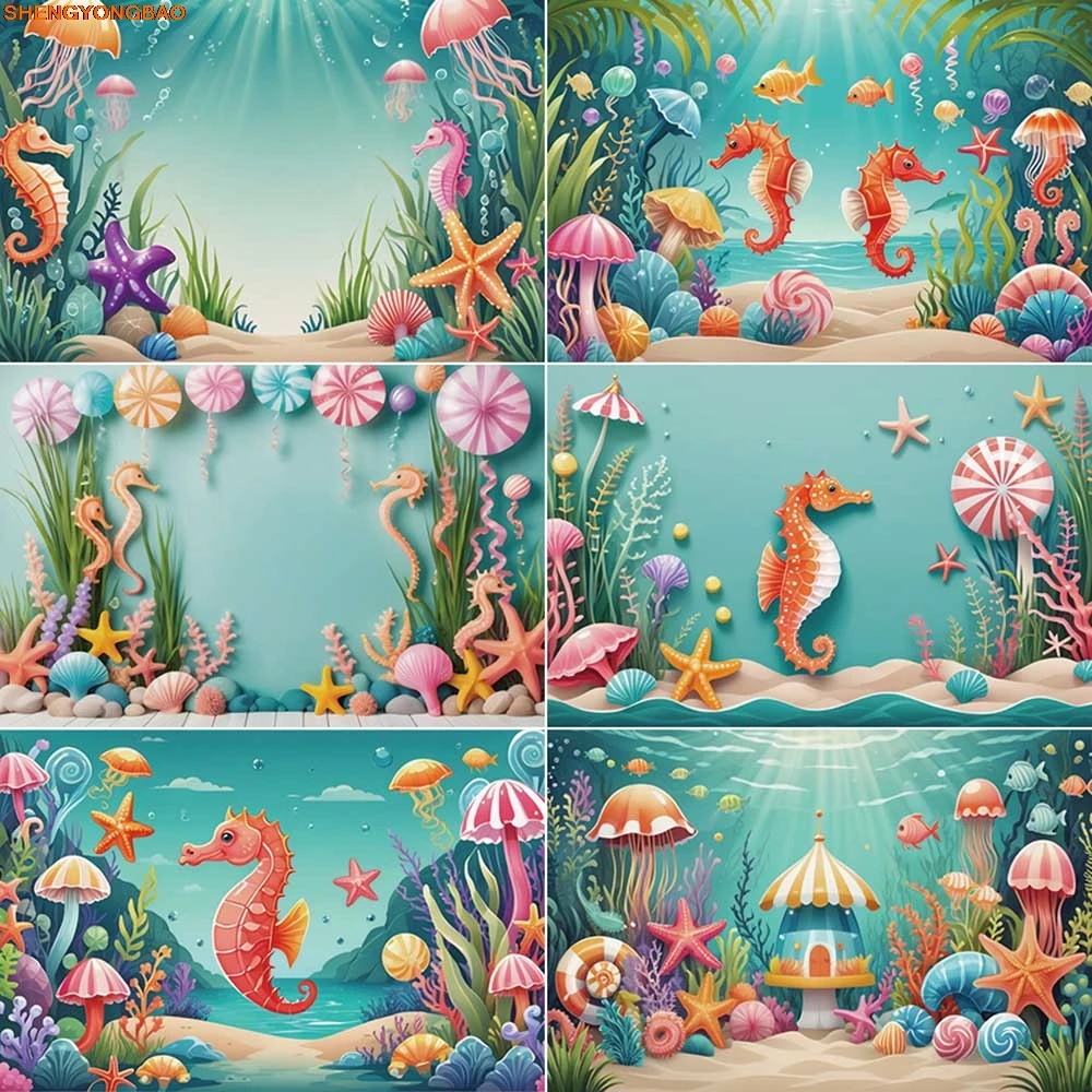 

Mermaid Custom Happy Birthday Banner Backdrop Ocean Seabed Photozone Background Child Photography Studio Photocall Props