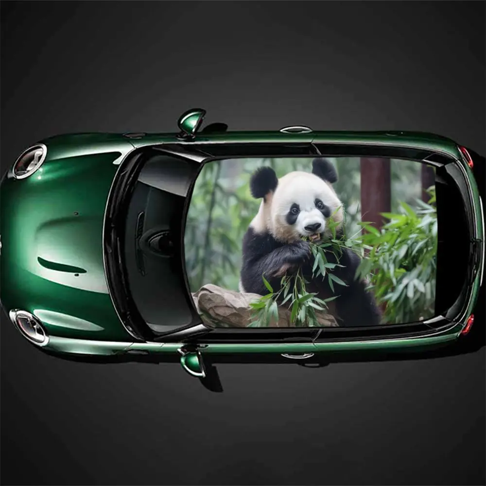 Animal Panda Eating Bamboo Car Roof Sticker Wrap Racing SUV Auto Accessories Packaging PVC Car Hood Graphic Decal Decoration