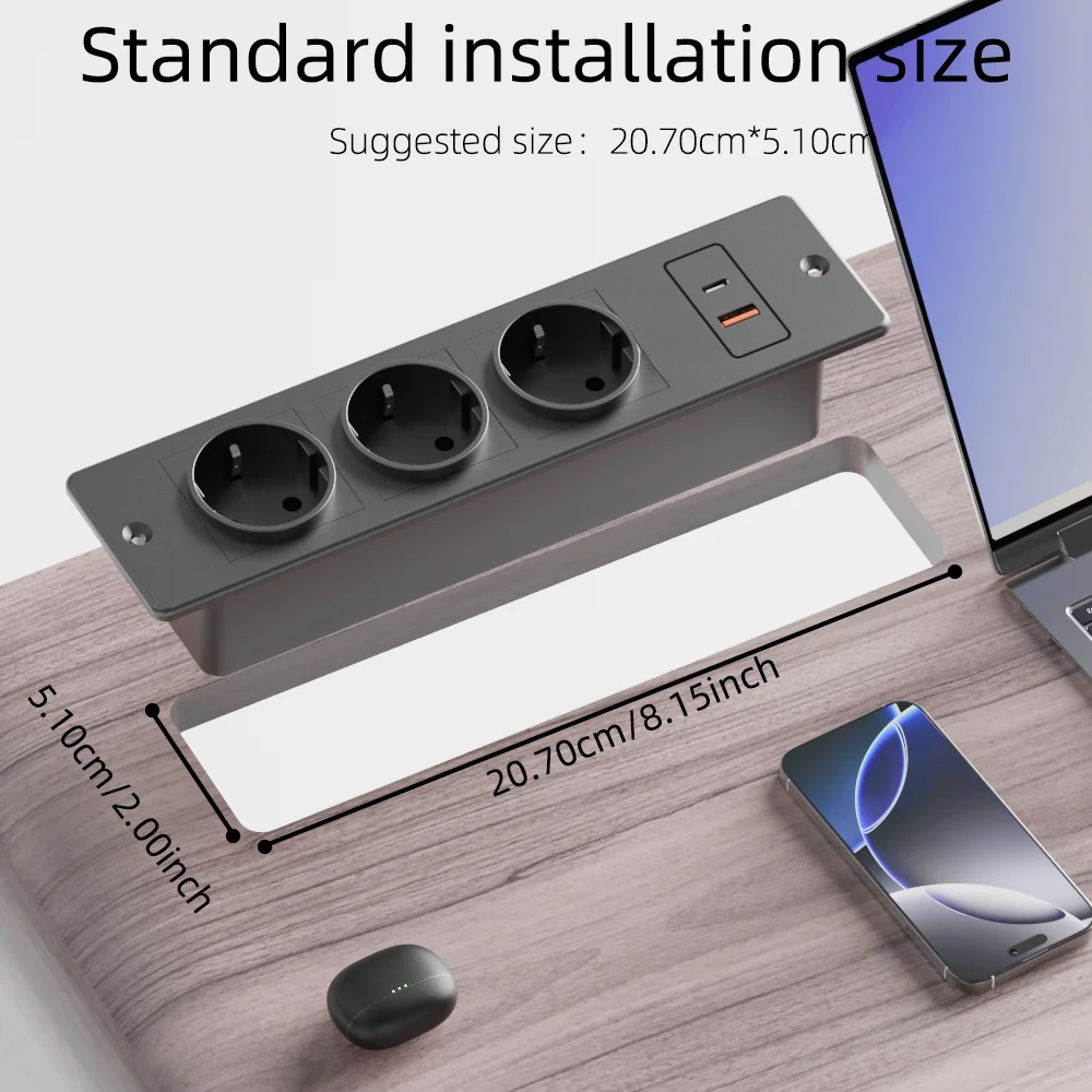 Recessed Power Strip 3 AC Outlets Fast Charging 1 USB‑A 1 Type‑C(5V2.1A ) with 1.5M Extension Cable for Desk Cabinet Home Office
