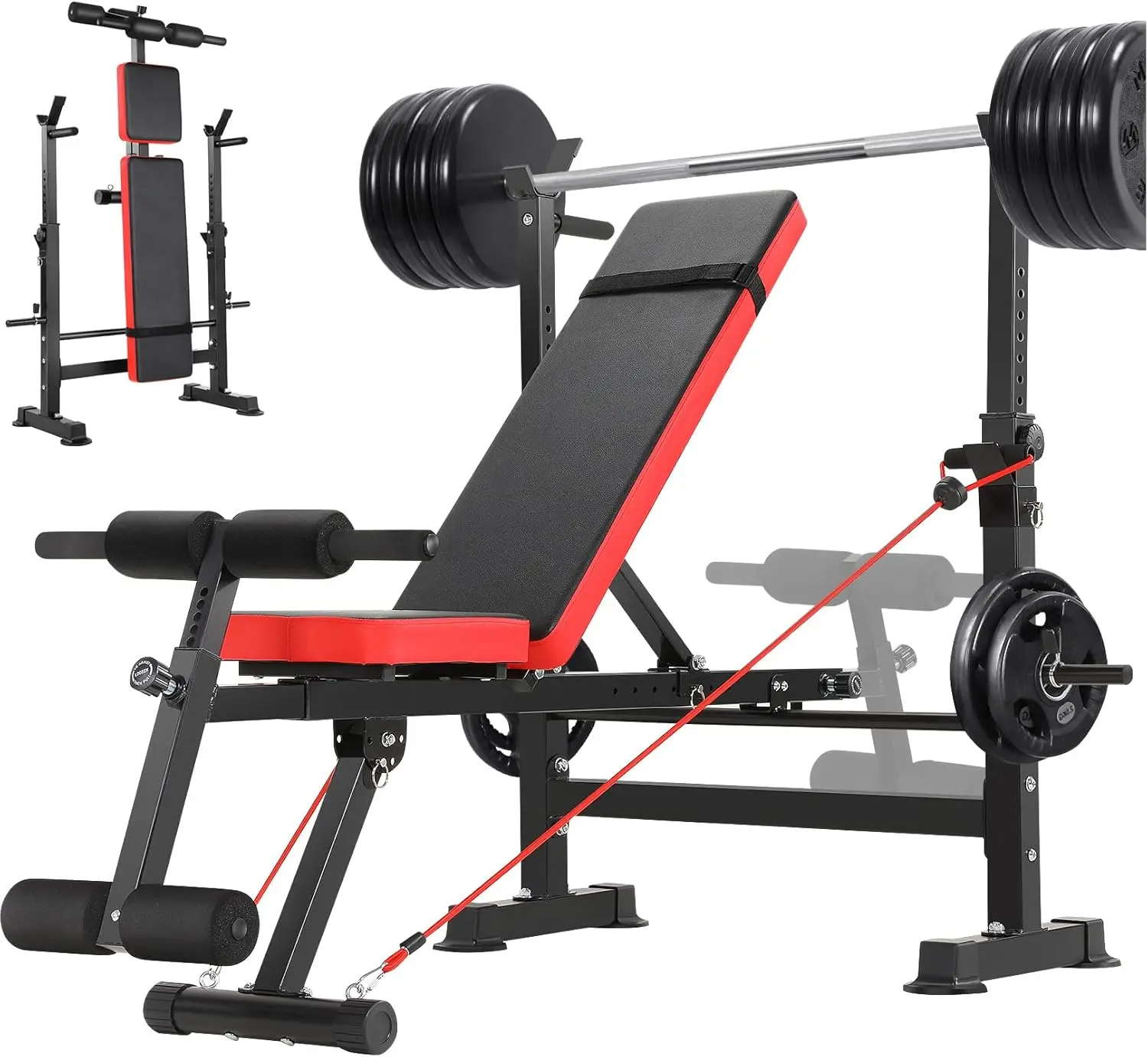 6 in 1 Adjustable Weight Bench with Squat Rack and Removable Foot Bracket, 600lbs Bench Press Set Workout Bench with Weight Stor