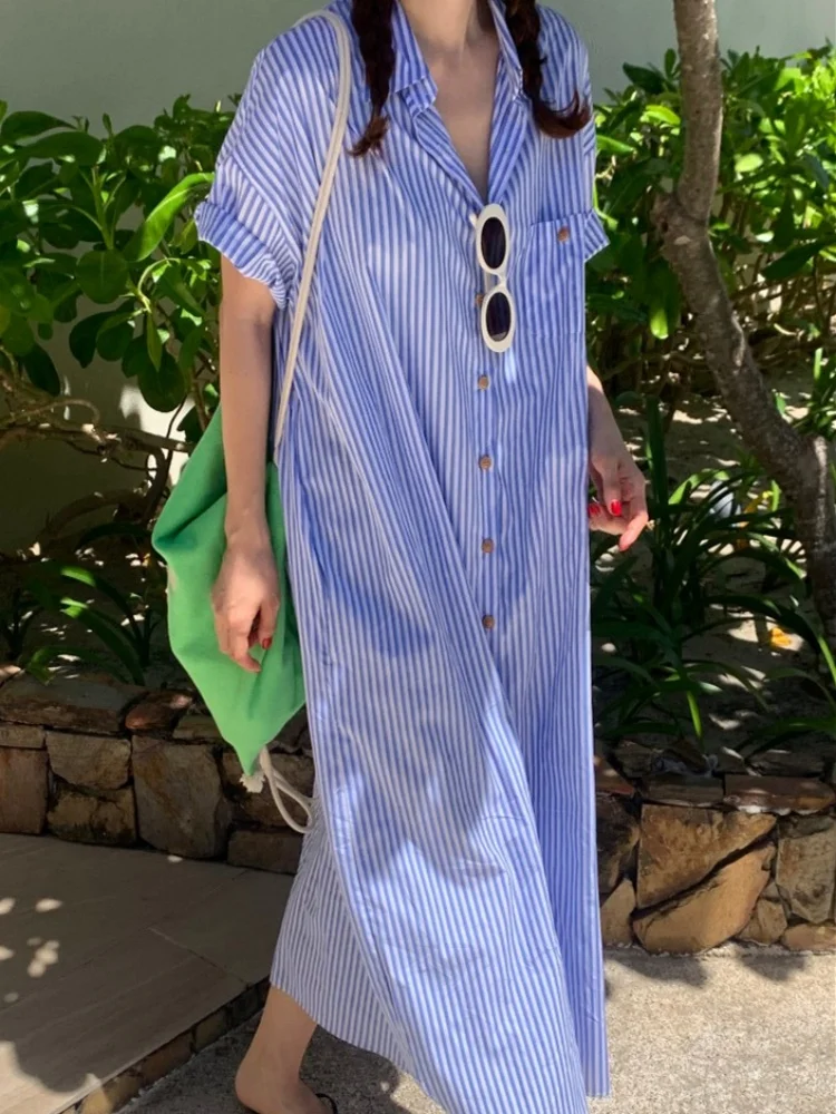 Fashion Summer Short Sleeve Women\'s Shirt Dress New Casual Loose Clothes Turndown Collar Blue Stripe Print Elegant