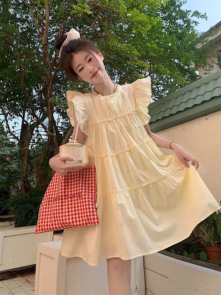 Sweet Tender Flying Sleeve Dresses Women Summer Loose Preppy Style Casual Simple Korean Fashion All-match Streetwear Kawaii Chic