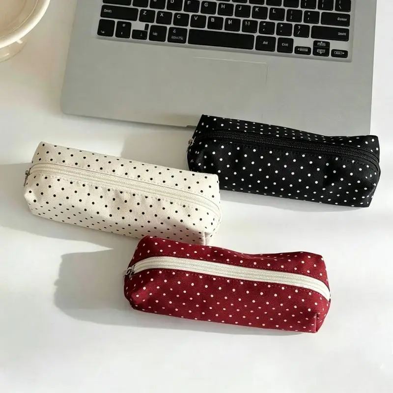 Polka Dot Canvas Pencil Pouch Large Storage Smooth Zipper Portable Stationery Case For School Student Office Desktop Organizer