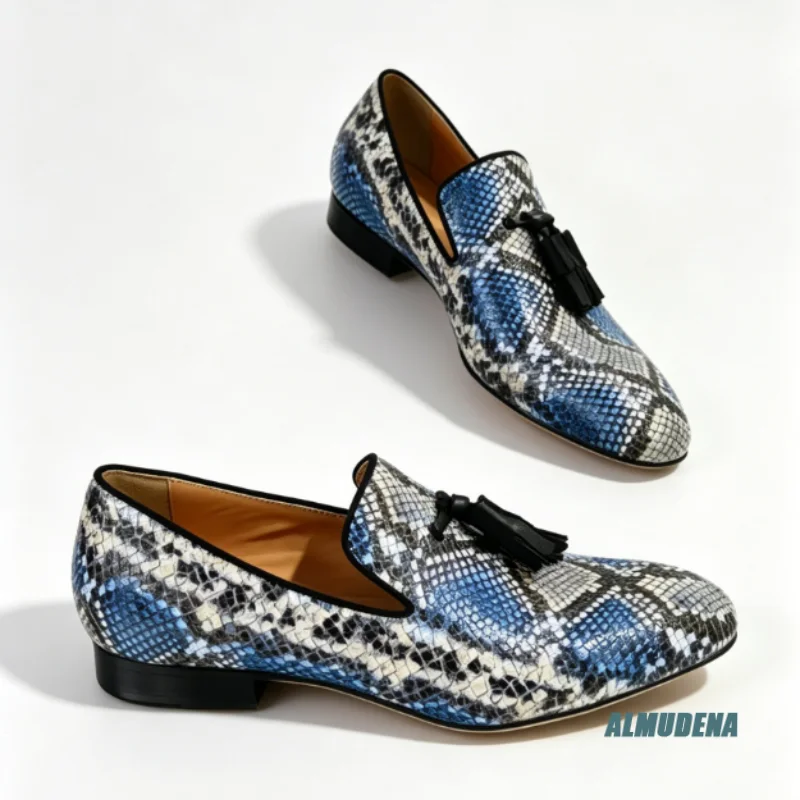 Blue Snake Print Tassel Slip On Loafers Men Faux Leather Flats Outdoor Spring Autumn Trendy Wedding Party Walking Dress Shoes