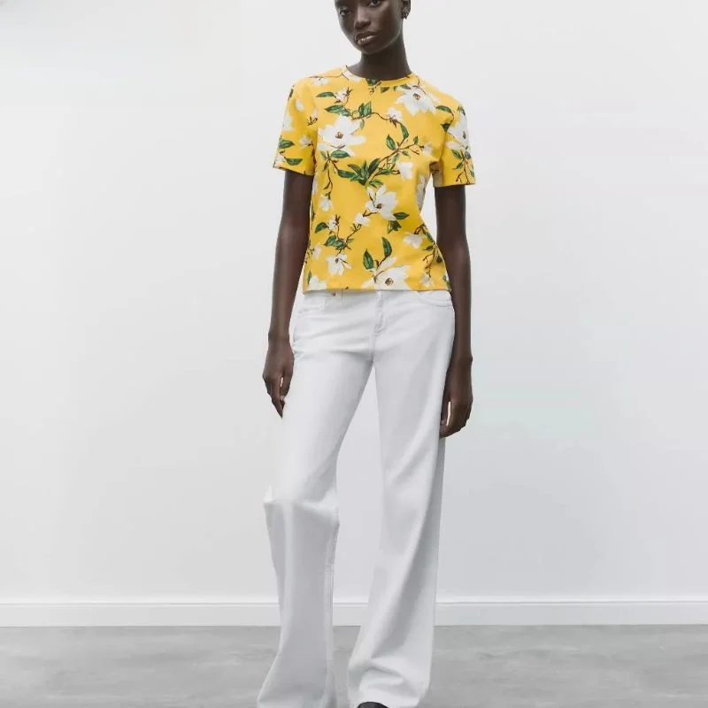 قميص نسائي جديد للصيف بقصة ضيقة وياقة مستديرة وأكمام قصيرة، مصنوع من مواد مختلطة مع طباعة زهور، مناسب للارتداء اليومي والعمل #3