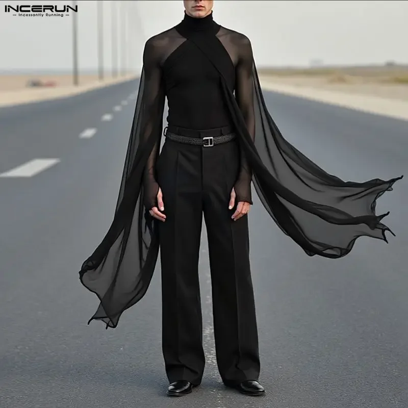 INCERUN Männer T Shirt Mesh Patchwork Durchsichtig Rollkragen Flare Langarm Männer Kleidung Sexy Mode Party Männlich T Tops S-5XL