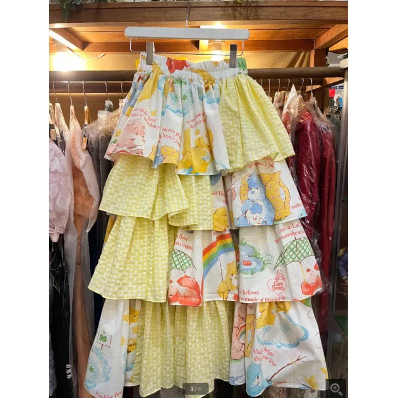 Sweet girlish print stitching cake skirt female 2024 autumn and winter new foreign fashion temperament casual lovely skirt.