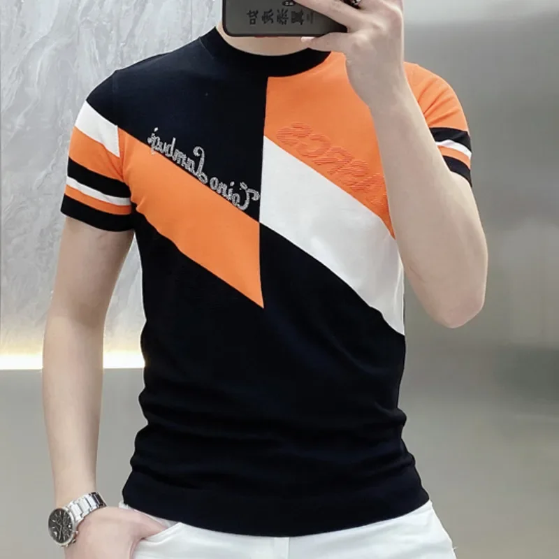 Tee Shirt Homme Personalized Jacquard Hot Drill Slim Fit Elastic Ice Silk Short Sleeve T-shirt Round Neck Sweater Men Tshirt