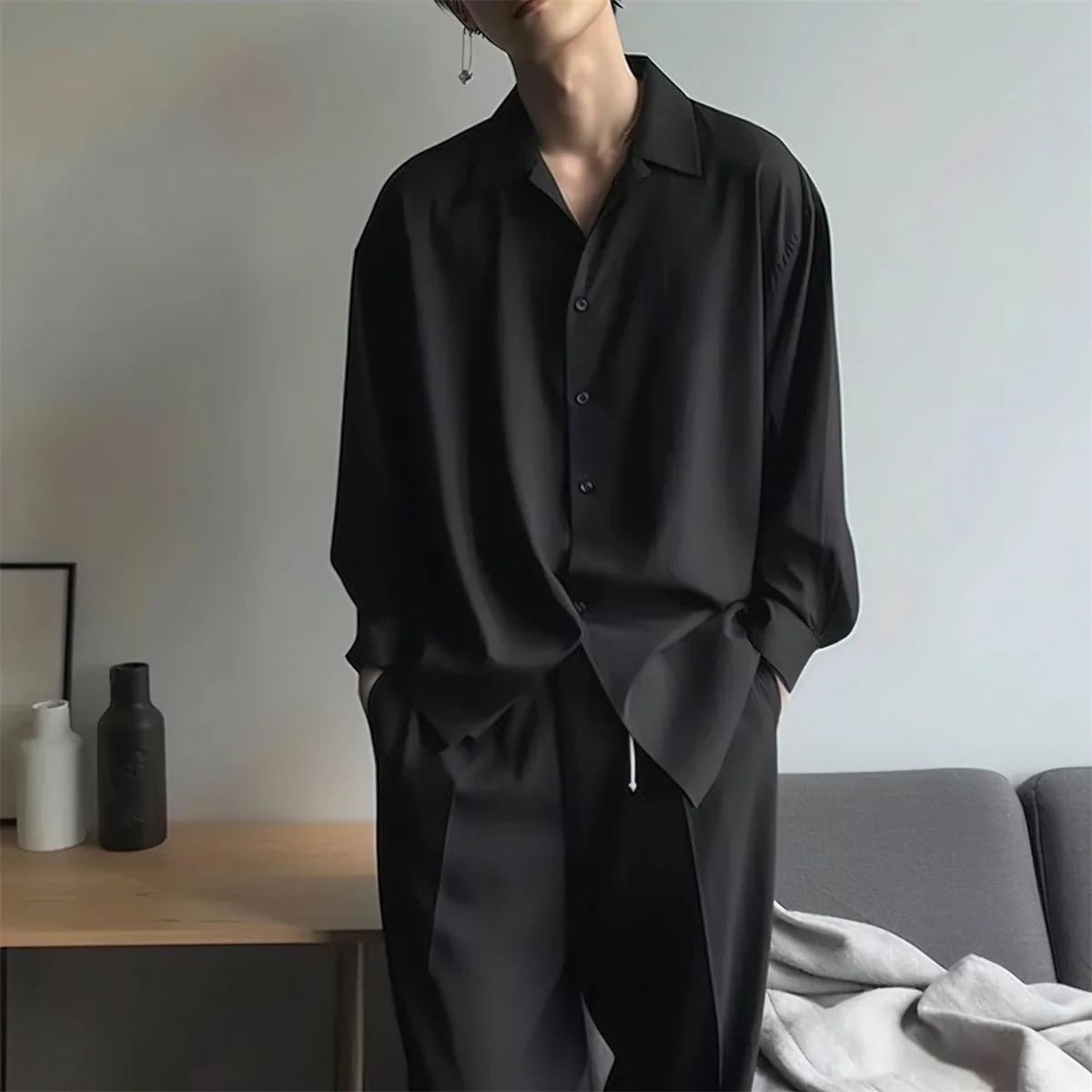 Primavera e outono vitalidade masculina tendências da moda versátil simples jugstil 2025 nova manga comprida camisa de seda gelo jaqueta