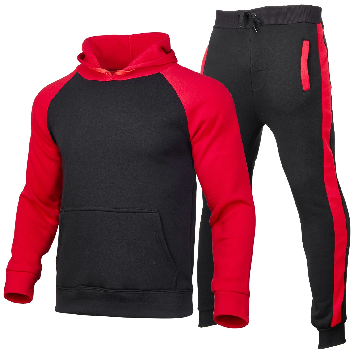 

Men's outdoor two-piece hooded sportswear, color blocked sportswear, striped casual autumn and winter long sleeved sportswear