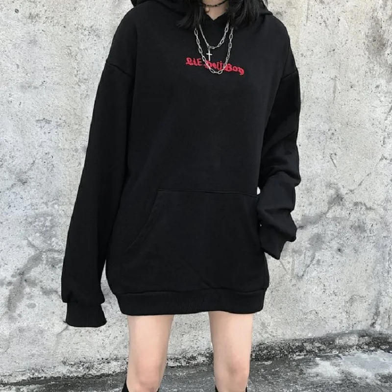 Harajuku NEW Hoodies Little Devil Horns Gothic Hooded Sweatshirts Women Demon Fly Wings Loose Pullovers Pocket Tops Streetwear